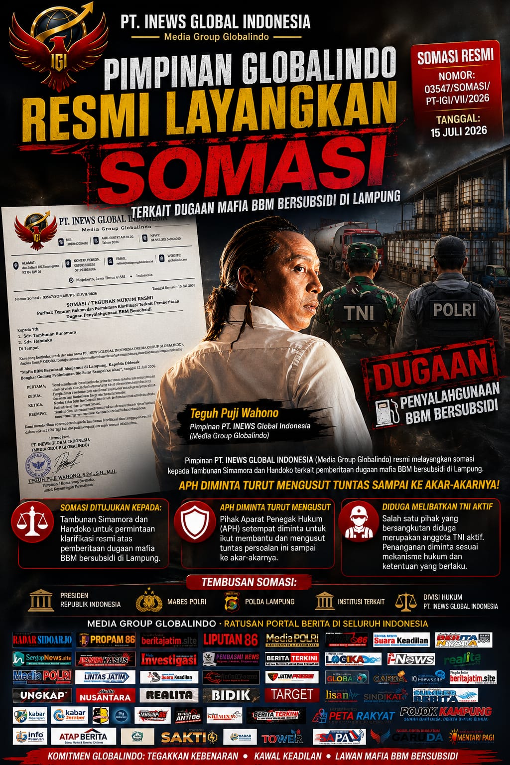 Pimpinan PT. INEWS Global Indonesia Resmi Layangkan Somasi, APH Diminta Bantu Pengusutan Dugaan Penyalahgunaan BBM Bersubsidi
