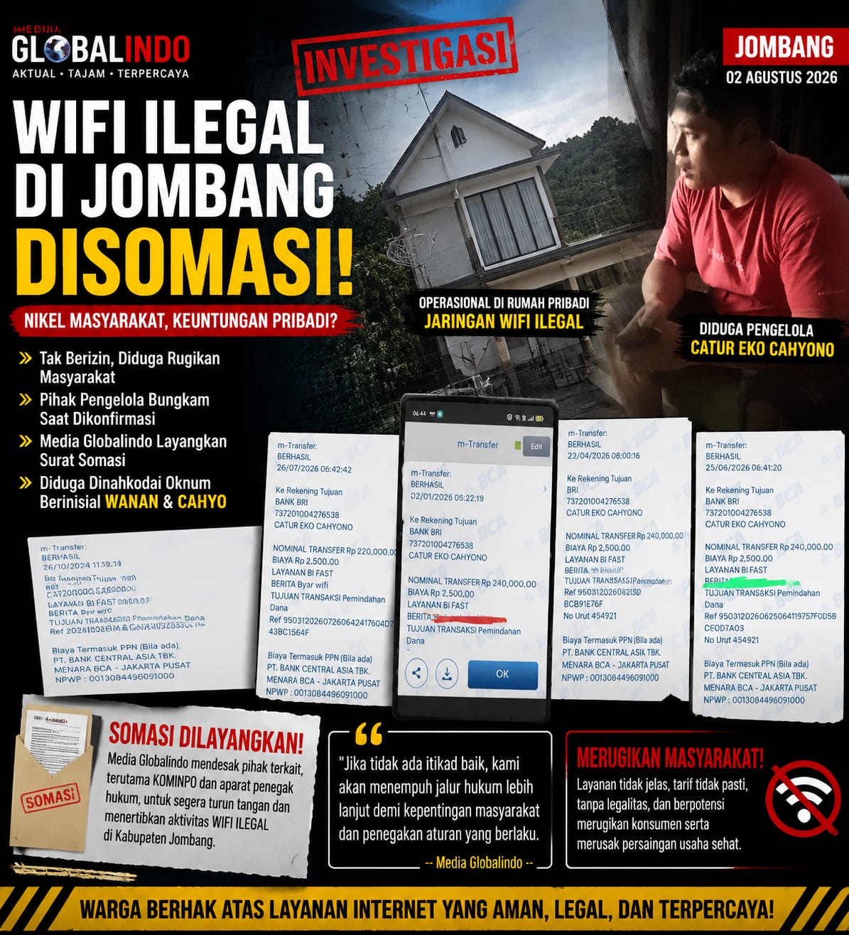 Diduga Beroperasi Tanpa Legalitas, Pengelola Jaringan WiFi di Jombang Disomasi